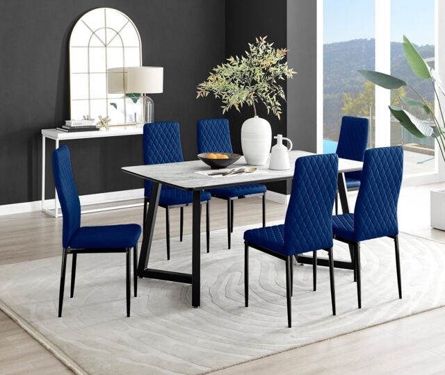 FurnitureboxUK Carson White Marble Effect Dining Table & 6 Velvet Milan Black Leg Chairs in Navy