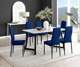 FurnitureboxUK Carson White Marble Effect Dining Table & 6 Velvet Milan Black Leg Chairs in Navy - thumbnail 1