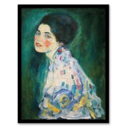 Artery8 Gustav Klimt Framed Wall Art Print Portrait of a Lady in Floral Dress in Green - Size: A4 - thumbnail 1