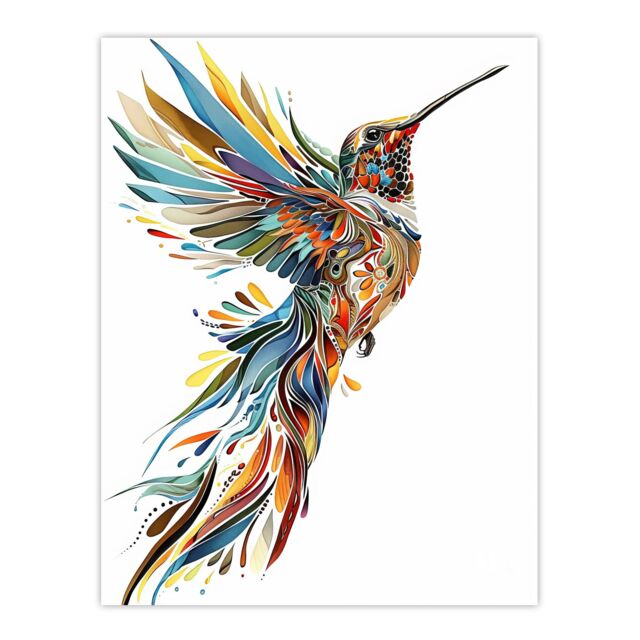 "Artery8 Colourful Abstract Sylph Hummingbird Folk Art Wall Art Print - Size: W24"" x H32""" - image 1