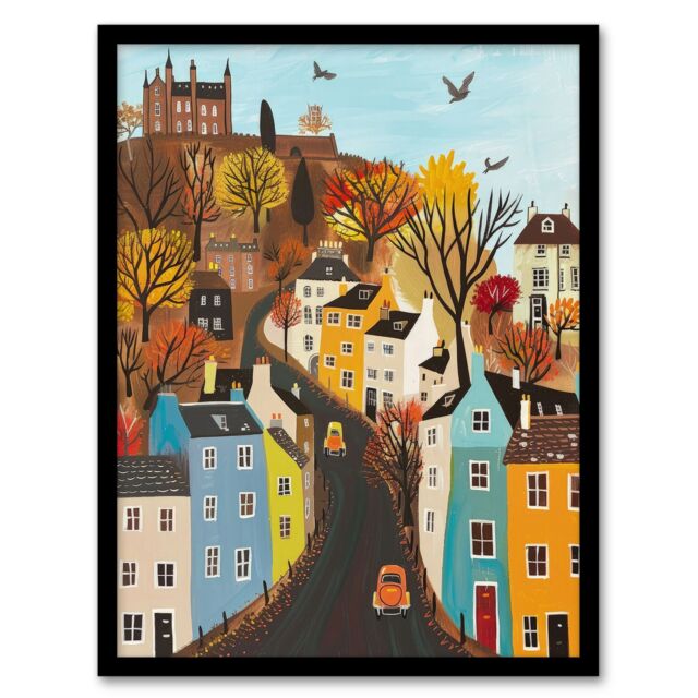 "Artery8 Wall Art Print Castle Hill Road Drive Autumn Tree Cityscape Art Framed Poster in Black - Size: W12"" x H16""" - image 1