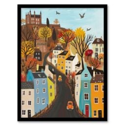 "Artery8 Wall Art Print Castle Hill Road Drive Autumn Tree Cityscape Art Framed Poster in Black - Size: W12"" x H16""" - thumbnail 1