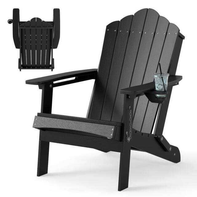Costway Folding Adirondack Chair Weather Resistant HDPE Lawn Chair in Black - image 1