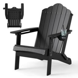 Costway Folding Adirondack Chair Weather Resistant HDPE Lawn Chair in Black - thumbnail 1