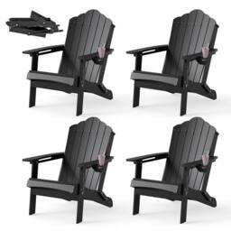 Costway Folding Adirondack Chair Weather Resistant HDPE Lawn Chair in Black - thumbnail 3