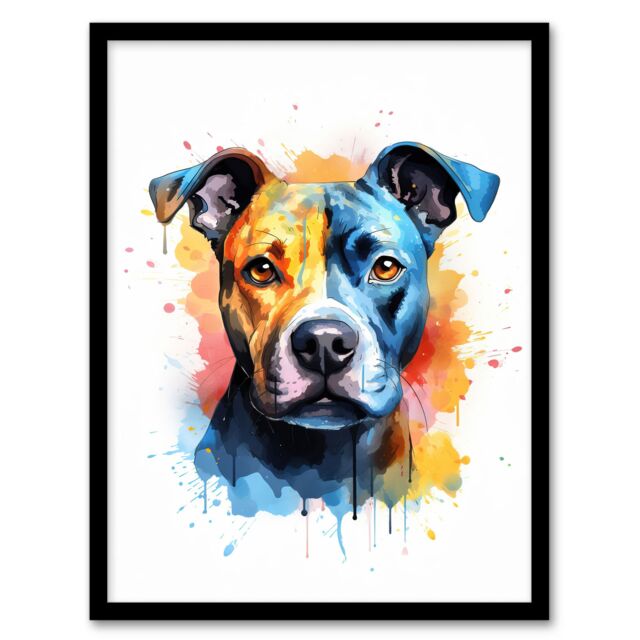 "Artery8 Wall Art Print Staffordshire Bull Terrier Staffy Lovers Gift Watercolour Pet Portrait Painting Artwork Art Framed - Size: W12"" x H16""" - image 1