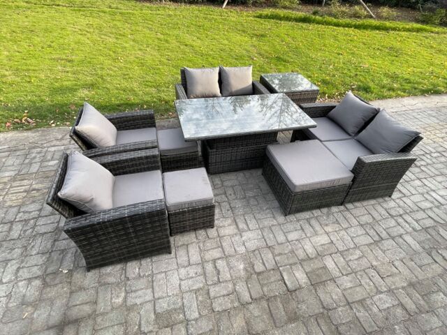 Fimous Outdoor Garden Furniture Sets 9 Pieces Wicker Rattan Furniture Sofa Dining Table Set with 3 Footstools Side Table in Dark Grey