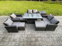Fimous Outdoor Garden Furniture Sets 9 Pieces Wicker Rattan Furniture Sofa Dining Table Set with 3 Footstools Side Table in Dark Grey - thumbnail 2