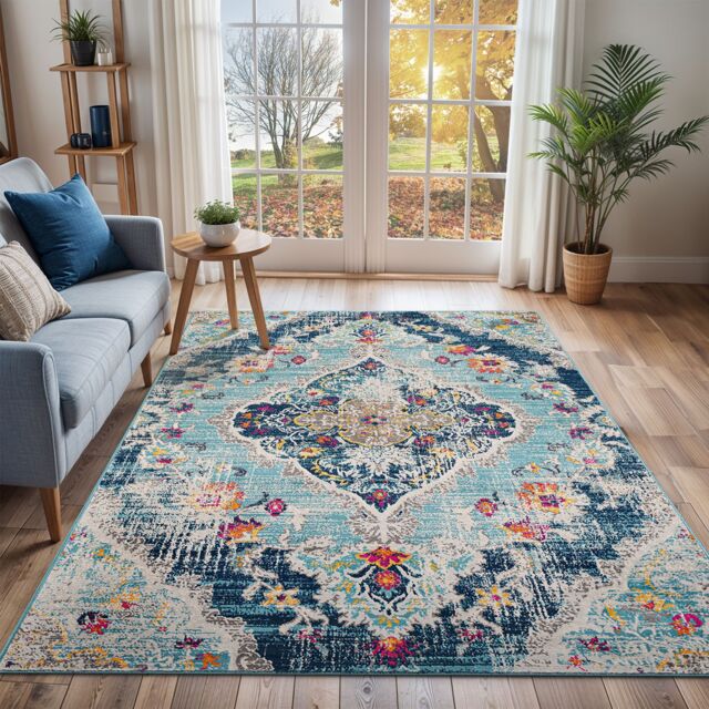 Livabliss Floransa-Vintage Blue Beige Grey Pink Traditional Boho Living Dining Rug - Size: 80 cm x 220 cm - image 1