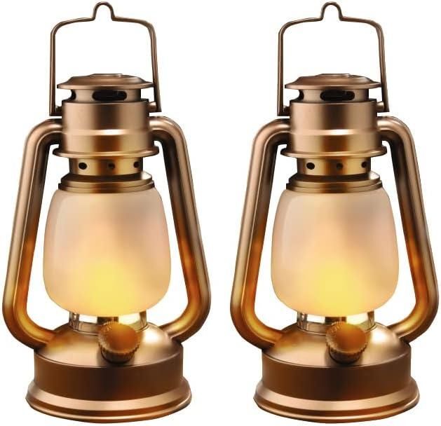 Set of 2 Portable Flickering Flame LED Hurricane Lamps - Battery Powered Copper Effect Lantern with Hanging Hook & 27 Bright LEDs