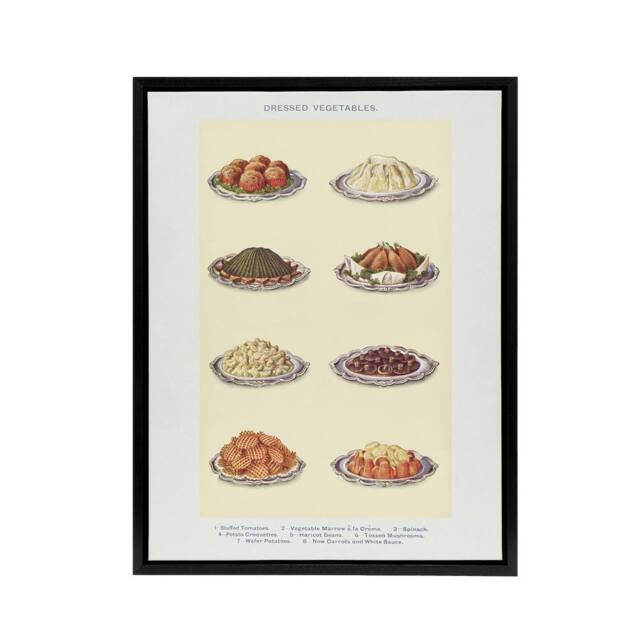 "Artery8 Vegetable Side Dishes Kitchen Decor Mrs Beeton Framed Canvas Wall Art in White - Size: W12"" x H16""" - image 1