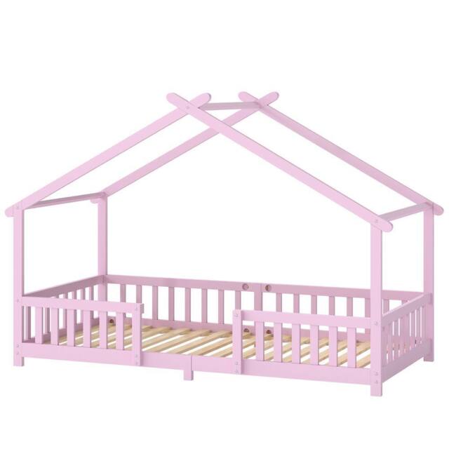 AIYAPLAY Wooden Kids Single House Bed Frame with Dual Guardrails in Pink - image 1