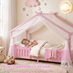 AIYAPLAY Wooden Kids Single House Bed Frame with Dual Guardrails in Pink - thumbnail 6