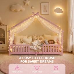 AIYAPLAY Wooden Kids Single House Bed Frame with Dual Guardrails in Pink - thumbnail 4