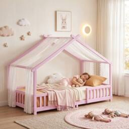AIYAPLAY Wooden Kids Single House Bed Frame with Dual Guardrails in Pink - thumbnail 2