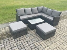 Fimous Wicker PE Outdoor Garden Furniture Set High Back Rattan Corner Sofa Set with Rectangular Coffee Table 2 Big Footstool in Dark Grey - thumbnail 2