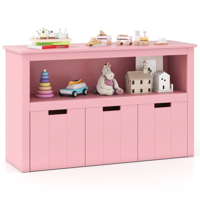 Gymax 3-Drawer Storage Cabinet Wood Toy Storage Cabinet Cube Shelves in Pink - image 1