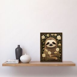 Artery8 Wall Art Print Sloth with Jasmine & Anemone Flowers Elegant Artwork Framed A4 in Brown - thumbnail 2