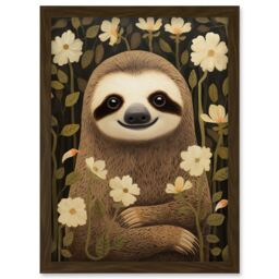 Artery8 Wall Art Print Sloth with Jasmine & Anemone Flowers Elegant Artwork Framed A4 in Brown - thumbnail 1