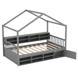 Gymax Single Size House Bed With Roof Kids Bed Frame With Storage Cubes in Dark Grey