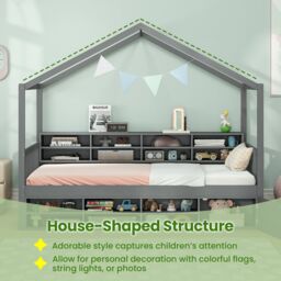 Gymax Single Size House Bed With Roof Kids Bed Frame With Storage Cubes in Dark Grey - thumbnail 4