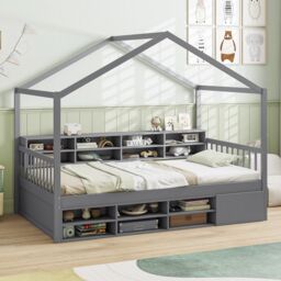 Gymax Single Size House Bed With Roof Kids Bed Frame With Storage Cubes in Dark Grey - thumbnail 6