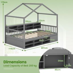 Gymax Single Size House Bed With Roof Kids Bed Frame With Storage Cubes in Dark Grey - thumbnail 3