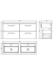 Balterley Level 1200mm Wall Hung 4-Drawer Unit with Double Basin - Gloss White - thumbnail 3
