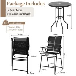 Costway 3 PCS Outdoor Bar Stool Set w/ Umbrella Hole Patio Bistro Table & 2 Folding Chairs in Black - thumbnail 2