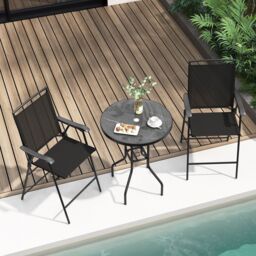 Costway 3 PCS Outdoor Bar Stool Set w/ Umbrella Hole Patio Bistro Table & 2 Folding Chairs in Black - thumbnail 3