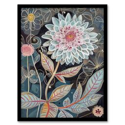 "Artery8 Dahlia Flowers Artwork Dark Enchanted Floral Framed Art Print in Blue - Size: W12"" x H16""" - thumbnail 1