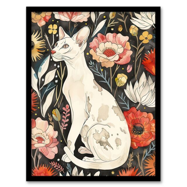 Artery8 Cat Lover Oriental Shorthair Floral Pet Portrait Framed Wall Art in Red - Size: A4 - image 1