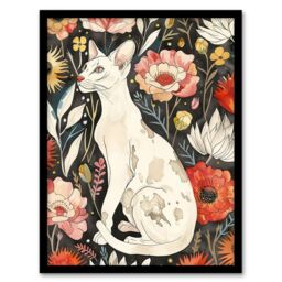 Artery8 Cat Lover Oriental Shorthair Floral Pet Portrait Framed Wall Art in Red - Size: A4 - thumbnail 1