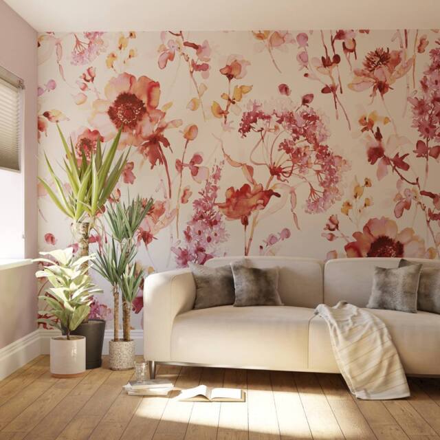 Superfresco Easy Watercolour Floral Pink Red Print To Order 3m x 2.8m Mural - image 1