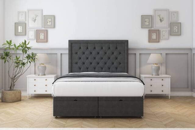 "Comfort Beds Rio Dumfries Ottoman Bed Base-26"" Strutted Headboard in Dark Grey - Size: Single" - image 1