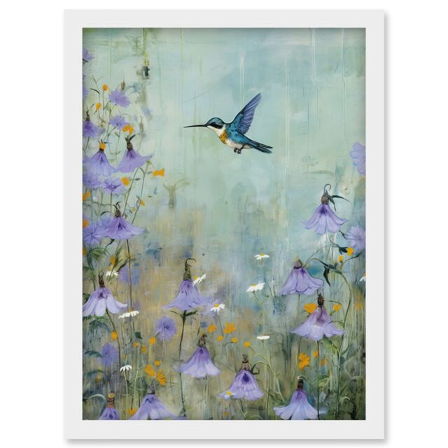Artery8 Wall Art Print Bluebell Hummingbird Pastel Painting Nectar Flowers Field Oil Painting Colour Artwork Framed A4 in White - image 1