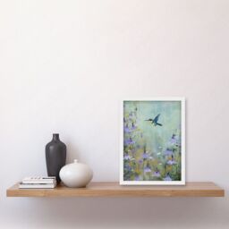 Artery8 Wall Art Print Bluebell Hummingbird Pastel Painting Nectar Flowers Field Oil Painting Colour Artwork Framed A4 in White - thumbnail 2