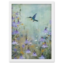Artery8 Wall Art Print Bluebell Hummingbird Pastel Painting Nectar Flowers Field Oil Painting Colour Artwork Framed A4 in White - thumbnail 1