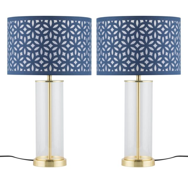 First Choice Lighting Set of 2 Aura - Satin Brass Lamps with Navy Blue Cut Out Shades in Gold - image 1