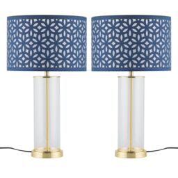 First Choice Lighting Set of 2 Aura - Satin Brass Lamps with Navy Blue Cut Out Shades in Gold