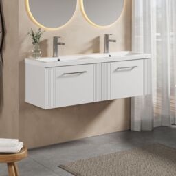 Balterley Wall Hung 2 Drawers Vanity Unit - 2 Ceramic Basin 1200mm, Satin White - thumbnail 4