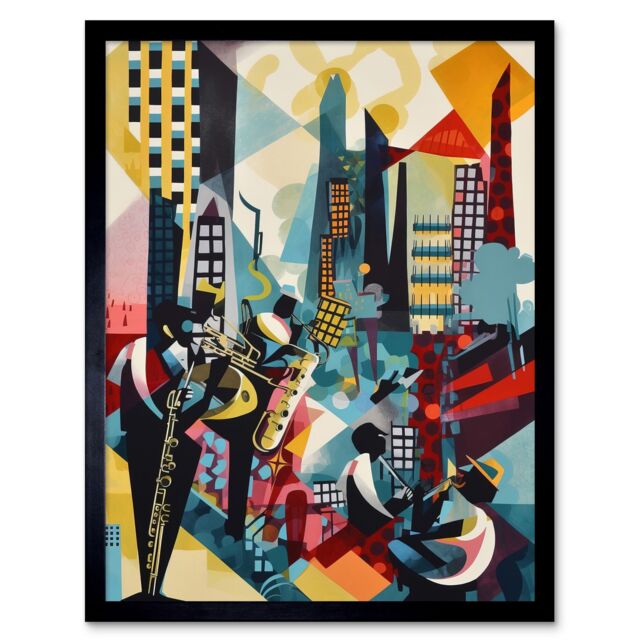 "Artery8 Wall Art Print Jazz Musicians Playing on an Urban Landscape Rooftop Abstract Modern Watercolour Art Framed in Black - Size: W12"" x H16""" - image 1