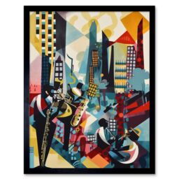 "Artery8 Wall Art Print Jazz Musicians Playing on an Urban Landscape Rooftop Abstract Modern Watercolour Art Framed in Black - Size: W12"" x H16""" - thumbnail 1