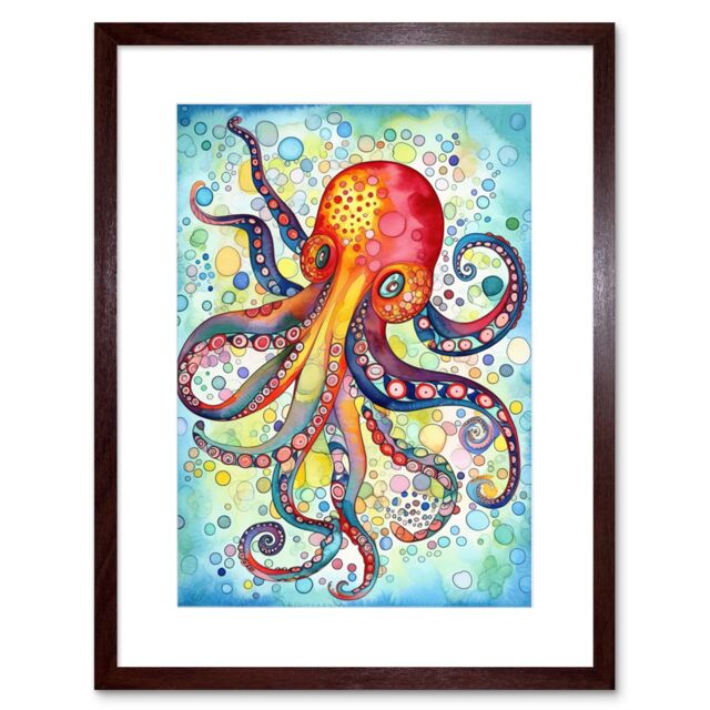 "Artery8 Wall Art Print Octopus Swimming In Air Bubbles Folk Art Watercolour Painting Artwork Framed 9X7 Inch in Brown - Size: W7"" x H9""" - image 1