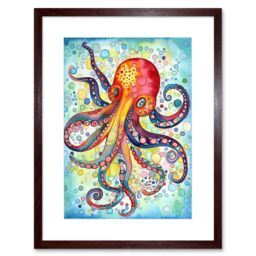 "Artery8 Wall Art Print Octopus Swimming In Air Bubbles Folk Art Watercolour Painting Artwork Framed 9X7 Inch in Brown - Size: W7"" x H9""" - thumbnail 1