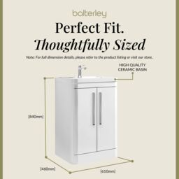 Balterley Bathroom 2 Soft Close Door Floor Vanity Unit, Gloss White, 610mm in White - thumbnail 5