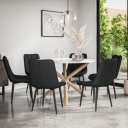 More4Homes Malvern Round Dining Table & Chairs - Marble Table Top w Solid Oak Legs + Nova Faux Leather Dining Chair Set Of 6 in Black - thumbnail 1