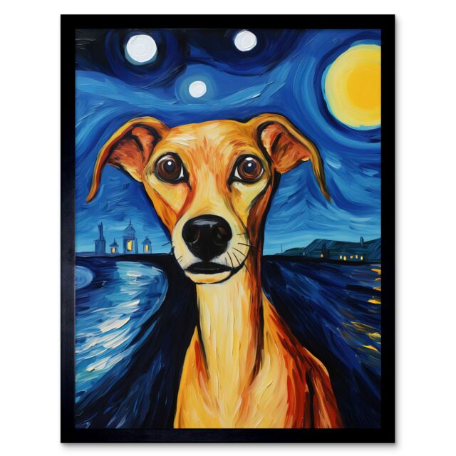 "Artery8 Wall Art Print Van Goghs Dog Artwork Night Scene Full Moon Blue Brown Yellow Oil Painting Art Framed in Black - Size: W12"" x H16""" - image 1
