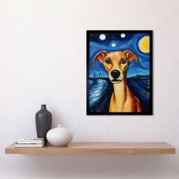 "Artery8 Wall Art Print Van Goghs Dog Artwork Night Scene Full Moon Blue Brown Yellow Oil Painting Art Framed in Black - Size: W12"" x H16""" - thumbnail 2