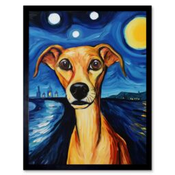 "Artery8 Wall Art Print Van Goghs Dog Artwork Night Scene Full Moon Blue Brown Yellow Oil Painting Art Framed in Black - Size: W12"" x H16""" - thumbnail 1